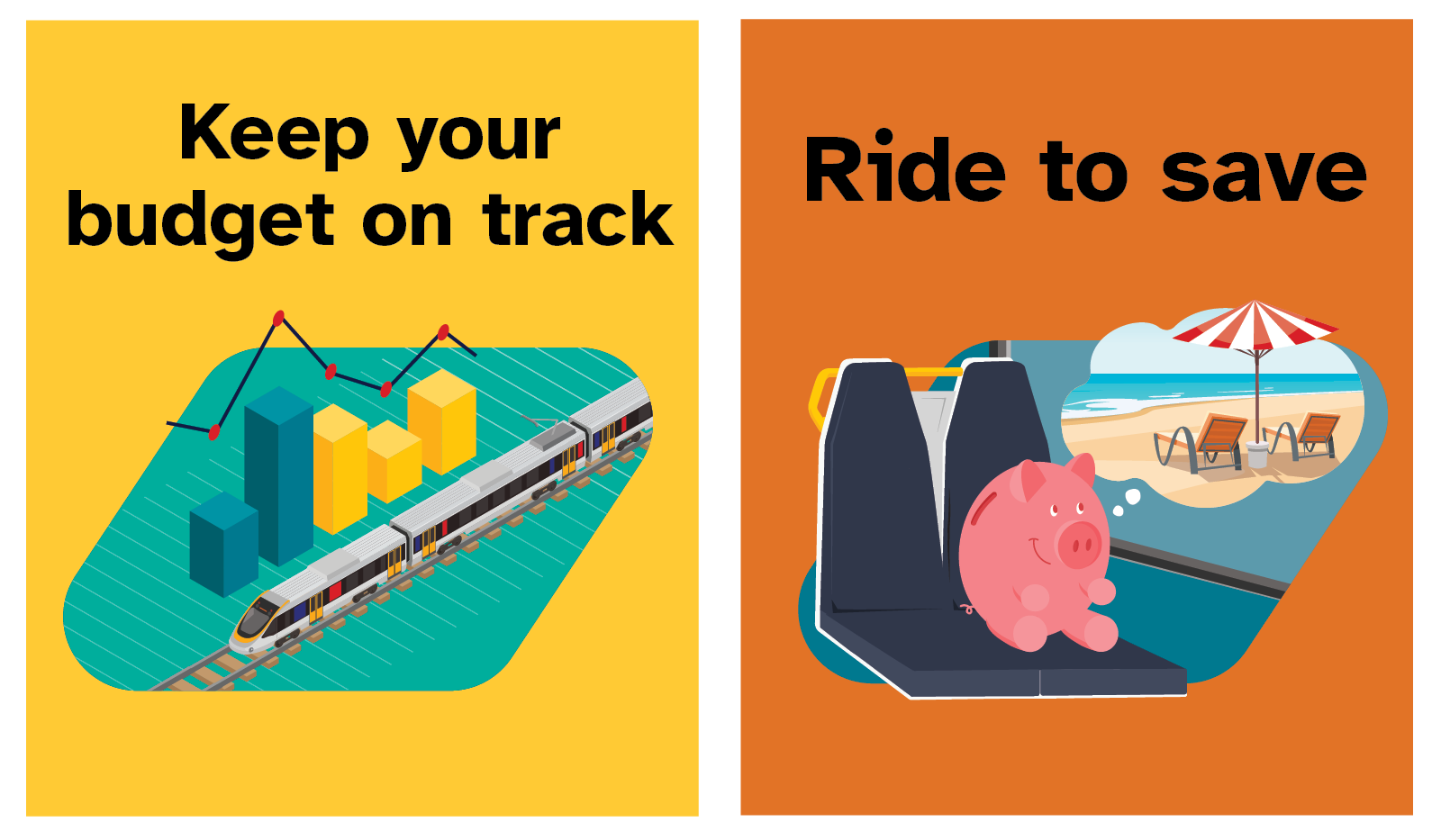 Keep your budget on track, image of train with graphs and charts in the background. Ride to save, image of piggy bank on train seat dreaming of a beach holiday