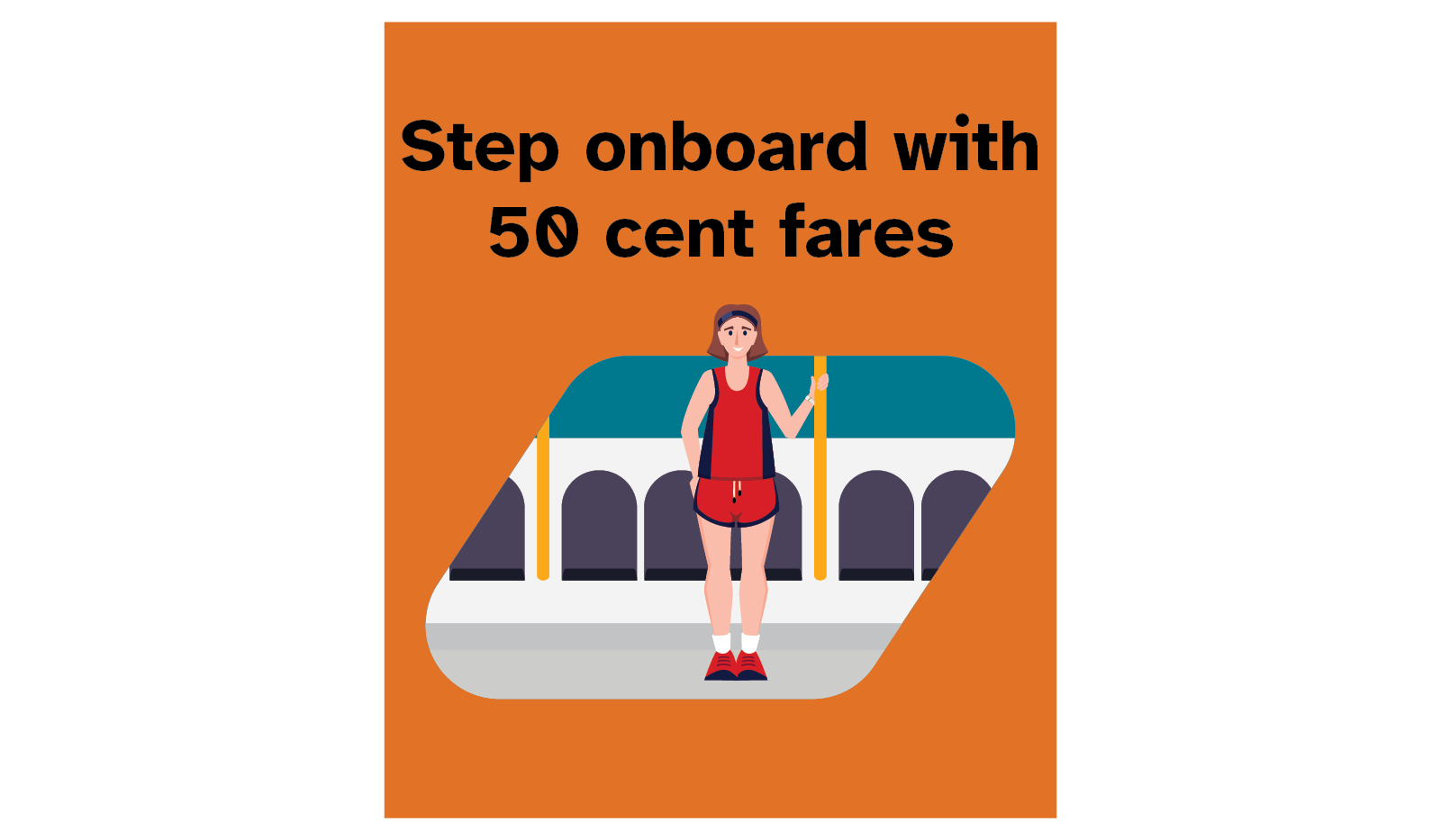 Step onboard with 50 cent fares, image of jogger standing inside of a train