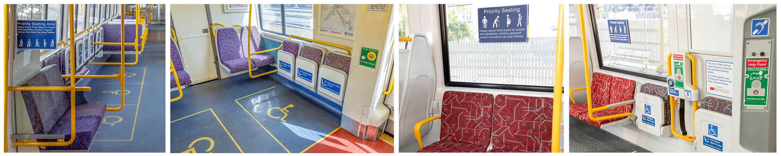 Photos of priority seating and allocated spaces and signage